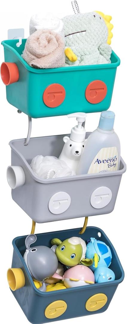 Bath Toy Storage Organizer Basket, 3 Layers Colorful Robot Modeling Wall Mounted Kids Hanging Shower Caddy with Hooks for Shampoo