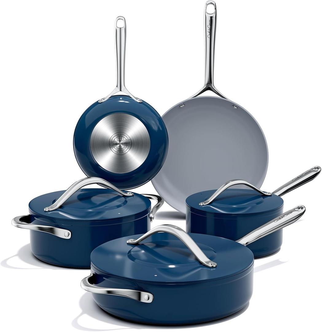 Ceramic Cookware Set Nonstick Pots and Pans Set with Lid Non Toxic, PTFE/PFOA/PFAS Free, Quick & Even Heat Distribution, Stovetop to Oven Versatility, Ergonomic Stainless Steel Handle, Navy Blue