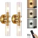 Battery Operated Wall Sconces Set of 2, 330° Rotation 3000K-6000K Dimmable Wireless Wall Sconce with Clear Glass Gold 10400mAh USB Rechargeable Wall Lights with Remote Bulbs Included 2 Pack