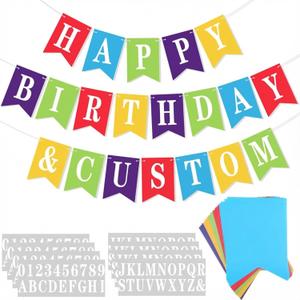 Mooliwe 171 Pcs DIY Custom Banner Kit Make Your Own Customizable Sign for Birthday Wedding Party Decoration Include 20 Paper Pennant 148 Letters and Numbers 1 Rope 2 Threading Device(Rainbow)