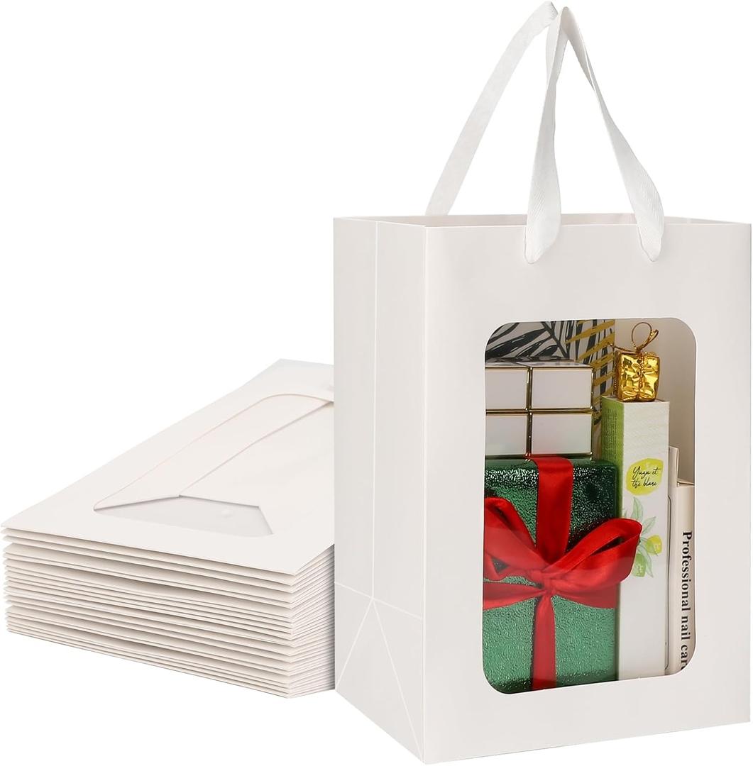 EUSOAR White Gift Bags with Handles, 20pcs 7"x5.12"x9.84" Tote Shopping Bags with Transparent Window, Clear Bouquet Bag With Handle for Gift Wrapping Festival Bridal Party Gifts