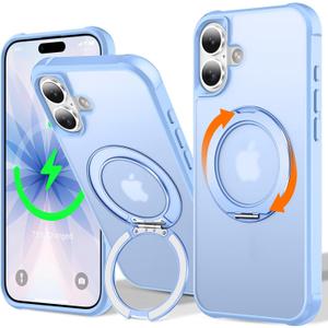 UMIONE 360 Rotatable Magnetic Ring Design for iPhone 17, Built-in Invisible Loop Stand, Compatible with Magsafe, Translucent Ultra Slim Military Grade Shockproof Case - Light Blue