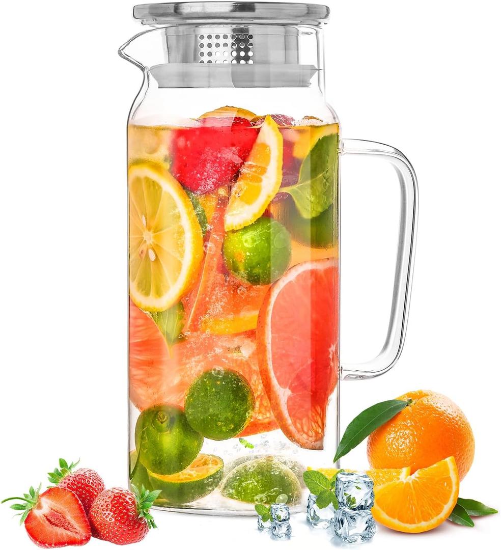 Glass Pitcher with Lid, 1200ml Leak Proof,Glass Water Jugs, BPA-Free,Microwave & Dishwasher Safe Pitcher,Sun & Iced Tea, Sangria,Cold Brew Coffee & More (1500ml-1Pack)