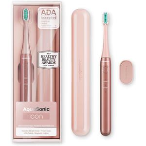 Aquasonic Icon ADA-Accepted Rechargeable Toothbrush | Magnetic Holder & Slim Travel Case | 2 Brushing Modes & Smart Timers | Gentle Micro-Vibrations (Blush) (1 Count (Pack of 1))