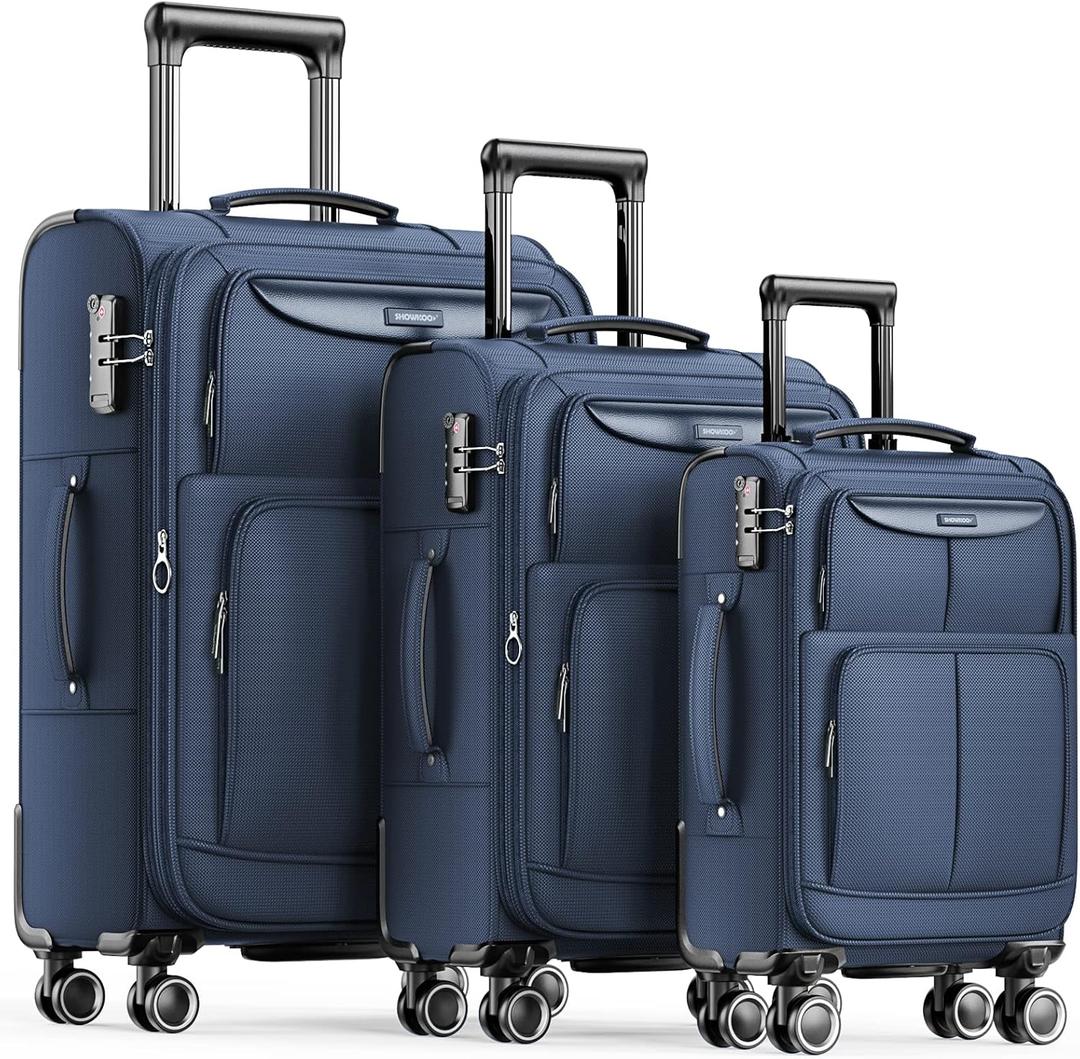 SHOWKOO Luggage Sets 3 Piece Softside Expandable Lightweight Durable Suitcase Sets Double Spinner Wheels TSA Lock Blue (20in/24in/28in) SHOWKOO Luggage Sets 3 Piece Softside Expandable Lightweight Durable Suitcase Sets Double Spinner Wheels TSA Lock Blue (20in/24in/28in)
