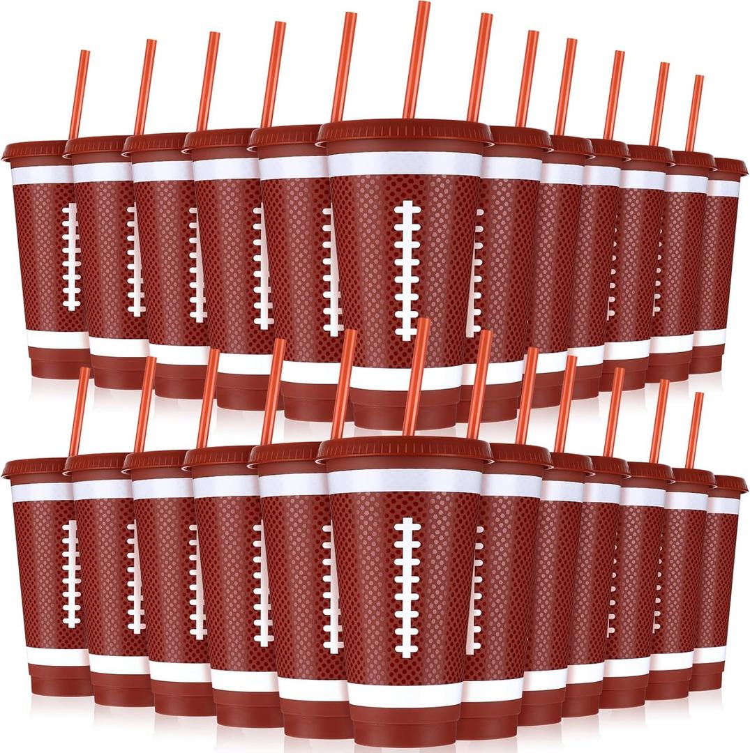 Bokon 12 Pcs Plastic Football Cups with Straw and Lid, Football Party Supplies 24 oz Disposable Cups Reusable Drinking Cup for Sports Events Birthday Party Decorations