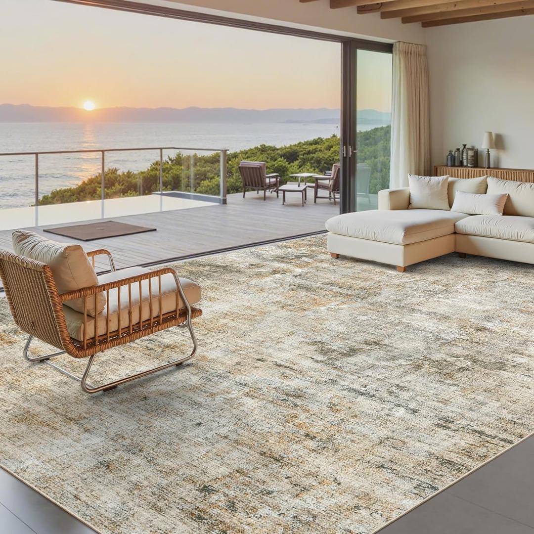 Soalmost Abstract Rug 8x10 Large Living Room Rugs Neutral Modern Washable Area Rugs for Bedroom Dining Room Non-Slip Stain Resistant Foldable Thin Rug Brown Grey