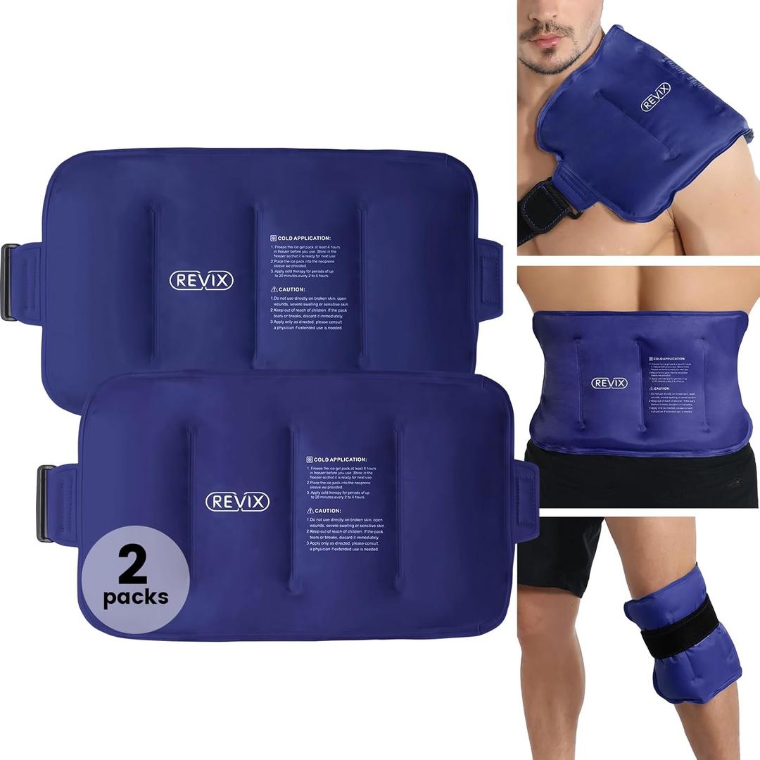 REVIX 16"  9" Flexible Gel Ice Packs Reusable for Lower Back with Strap, Dual-Sided Soft Body Ice Wraps for Shoulder, Neck, Abdomen and Leg Relief, Black 2 Packs