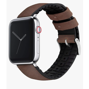 BARTON WATCH BANDS- Black Leather and Rubber Hybrid - Choose Color & Size - Compatible with All Apple Watches (Ultra, SE, 8, 7, 6, 5, 4, 3, 2, 1) 42mm,  Oak Brown Leather (Stainless Steel Buckle)