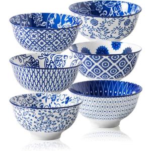 Ceramic Dessert Bowls Set - Small 12 Oz Cereal Bowls - 4.75 Inch Ice Cream Bowls for Fruit, Snack, Side Dishes, Dipping Sauce - Microwave Dishwasher Safe - Set of 6 - Vintage Blue