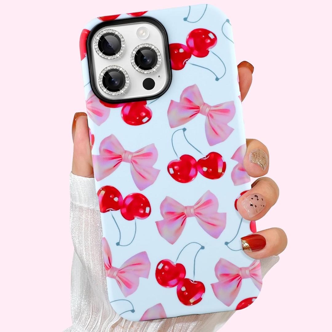 Case for iPhone 13 Pro Case,Cute Pink Ribbon Bow Cherry Pattern Phone Case with Shockproof Slim Soft TPU and Hard PC Protective Cover for Girls Women (Glossy)