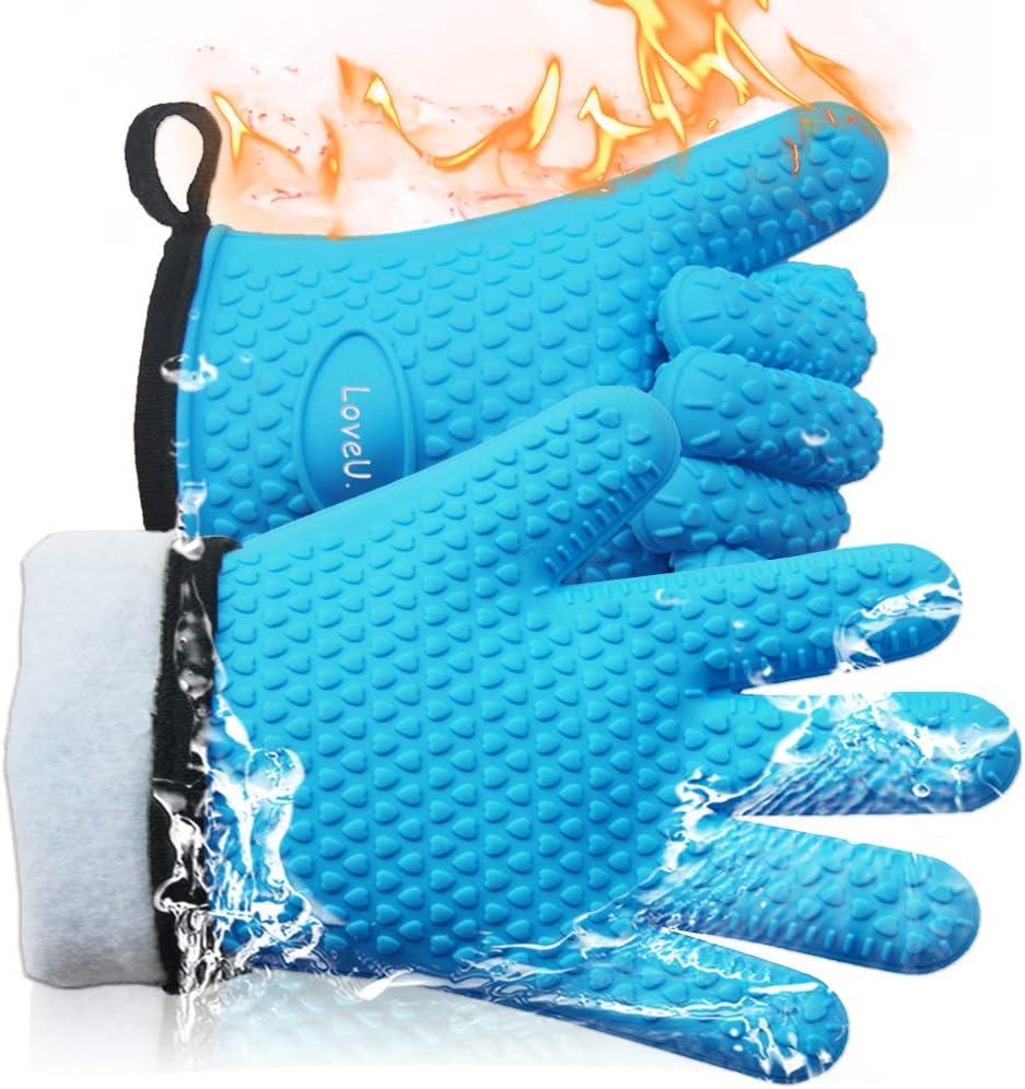 Kitchen Oven Gloves - Dual-Layer Heat Resistant Grilling Gloves, Silicone Oven Mitts with 5 Fingers, Waterproof Non-Slip Pot Holder for Barbecue, Cooking, Baking, Size XL-XXXL (Blue)