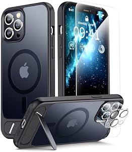 RFUNGUANGO for iPhone 12 Pro Max Magnetic Seamless Stand Case with Screen Protector*2 Lens Protector*2, Compatible with MagSafe, Military Grade Drop Protection, Adjustable Kickstand, Slim MatteBlack