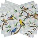 Seliem Spring Summer Birds Placemats Set of 4, Chickadee Goldfinch Robin Bluebird Nuthatch Sparrow Branch Dining Table Place Mats, Blue Plaid Check Farmhouse Kitchen Decor Home Decoration 12 x 18 Inch