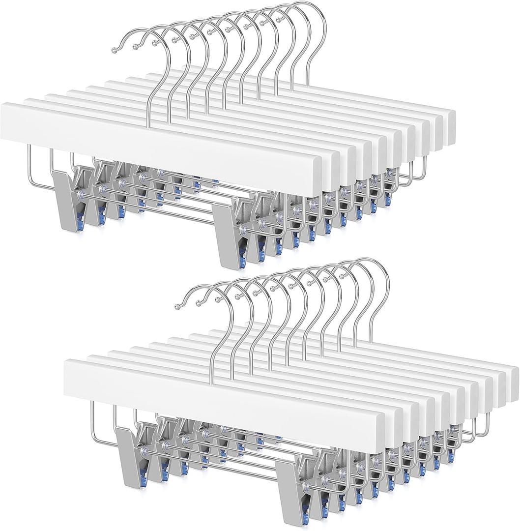 TOPIA HANGER 11.8 Inch White Wooden Pants Skirt Hangers for Kids Baby Toddler Children, Extra Thick Chrome Hooks & Anti-Wrinkle Premium Flat Clips 20 Pack CT09PW20