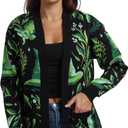 Wicked Witch Hat All-Over Print Women's Black Long Sleeve Cardigan (Green, XL)