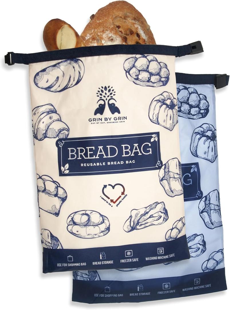 GRIN BY GRIN- Bread Bags 2 Pack Reusable Zipper Bags for Homemade Bread Sourdough Extra Large Freezer Storage