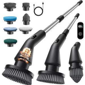 Electric Spin Scrubber, Upgraded IPX7 Cordless Cleaning Brush for Bathroom Shower, Household Cleaning Scrubber with 7 Brush Heads, Adjustable Long Handle and 2 Rotating Speeds for Tub Floor (Black)