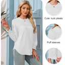 Simlakey Women Long Sleeve Shirt Dressy Casual Blouse 2025 Fall Fashion Pleated Top Trendy Loose Fit Crew Neck Basic Tee(White,L)