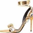 Kluolandi Women's Strappy Stiletto Heels with Crystal Lace Up Gladiator Sexy Open Toe High Heeled Sandals Gold Heels for Women, Size 9