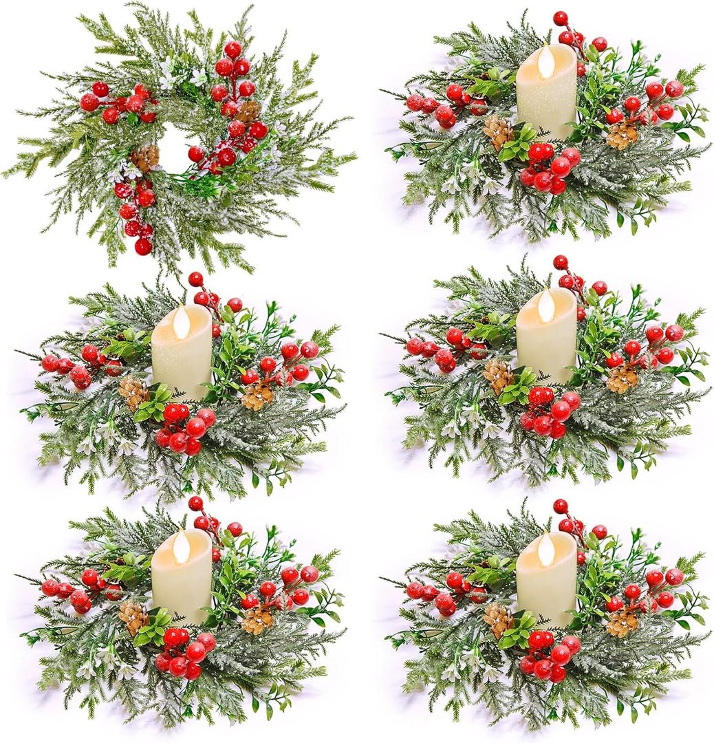 [Snowy] 6 Pcs 9" Christmas Candle Rings Wreaths, Real Touch Cedar Wreath with Cypress Snowy Pinecones & Red Berry Christmas Candle Ring Holder Mini Wreath for Home Kitchen Table Centerpiece Decor