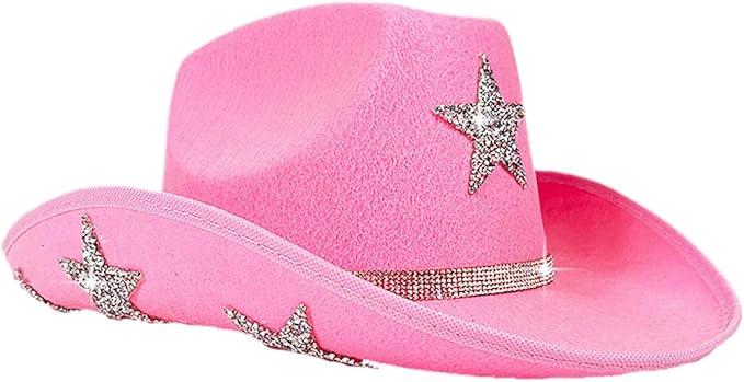 Womens Cowboy Hat Rhinestone Star Cowgirl Cap Wide Brim Diamond Western Hat Wedding Costume Party Accessories 57