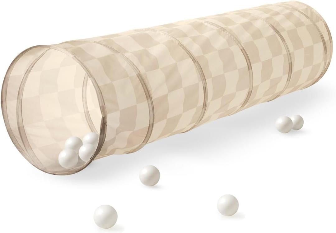 3 Sprouts Kids Play Tunnel - Pop Up Collapsible Tunnels with Recycled Fabric - Fun Crawling Tunnel for Toddler, Baby, Children to Crawl Through, Gross Motor Toy for Indoor Play - Checkered Beige