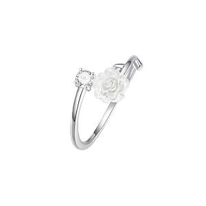Crymystal Boho White Flower Ring White Rose Knuckle Ring Rose Flower Stacking Ring Dot Crystal Finger Ring Rhinestone Open Ring Silver Adjustable Ring Jewelry for Women and Girls Gifts (Silver)