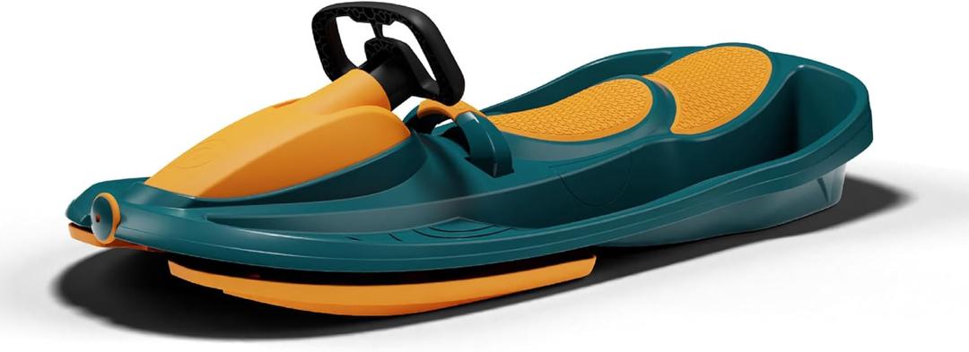 Snow Sled for Kids, Adults - Toboggan Sled, Easy Turning Steering Wheel, Anti-Slip Seat, Pull Up Brake, Durable Plastic Sled, Lightweight, Snow Sleds, Age 3+ 260 lbs (Orange)