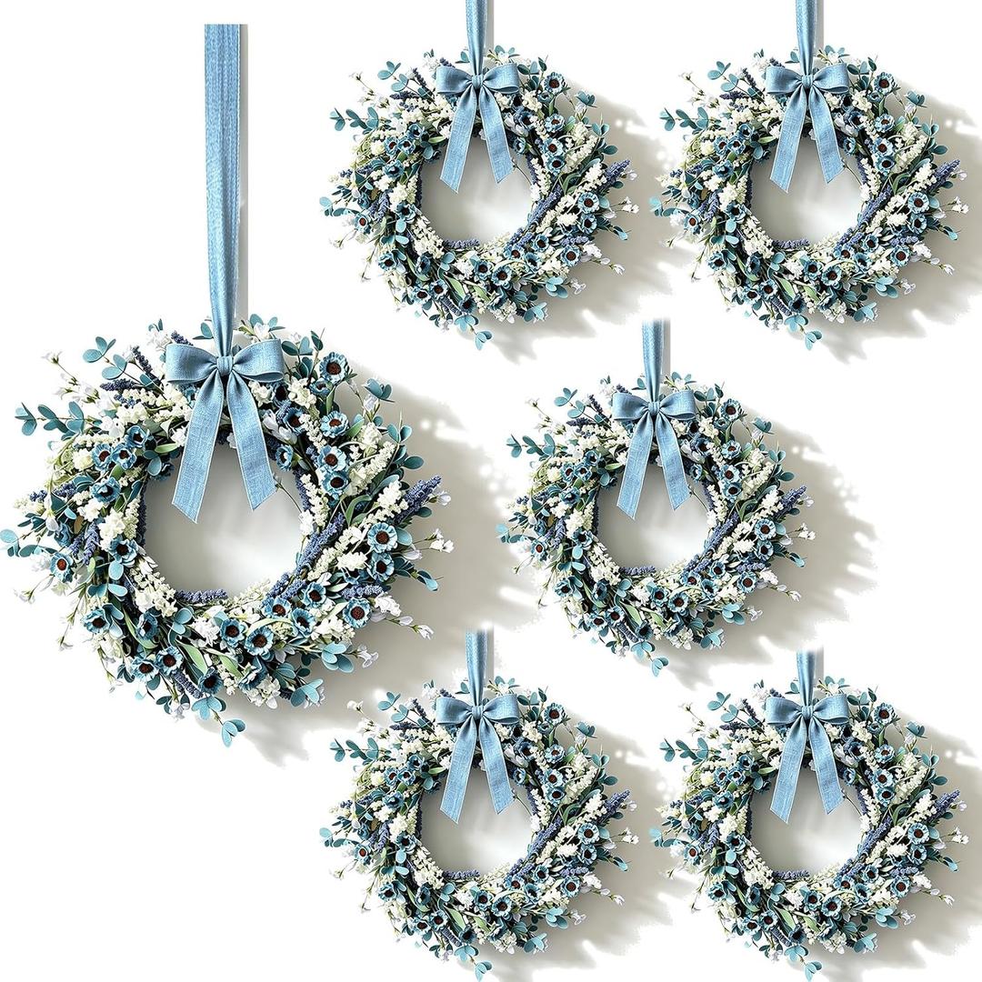 6 Pcs Small Blue Daisy Flower Hanging Wreaths for Cabinets with White Floral Eucalyptus Leaves Lavender Artificial Grains Mini Candle Rings Wreath for Home Front Door Farmhouse Coastal Blue Porch