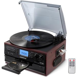 LoopTone 10 in 1 Bluetooth in/Out Record Player 3 Speed Vinyl Vintage Turntable CD Player Cassette AM/FM Radio 2 Built in Speaker USB/SD Recorder Aux-in RCA Line-Out