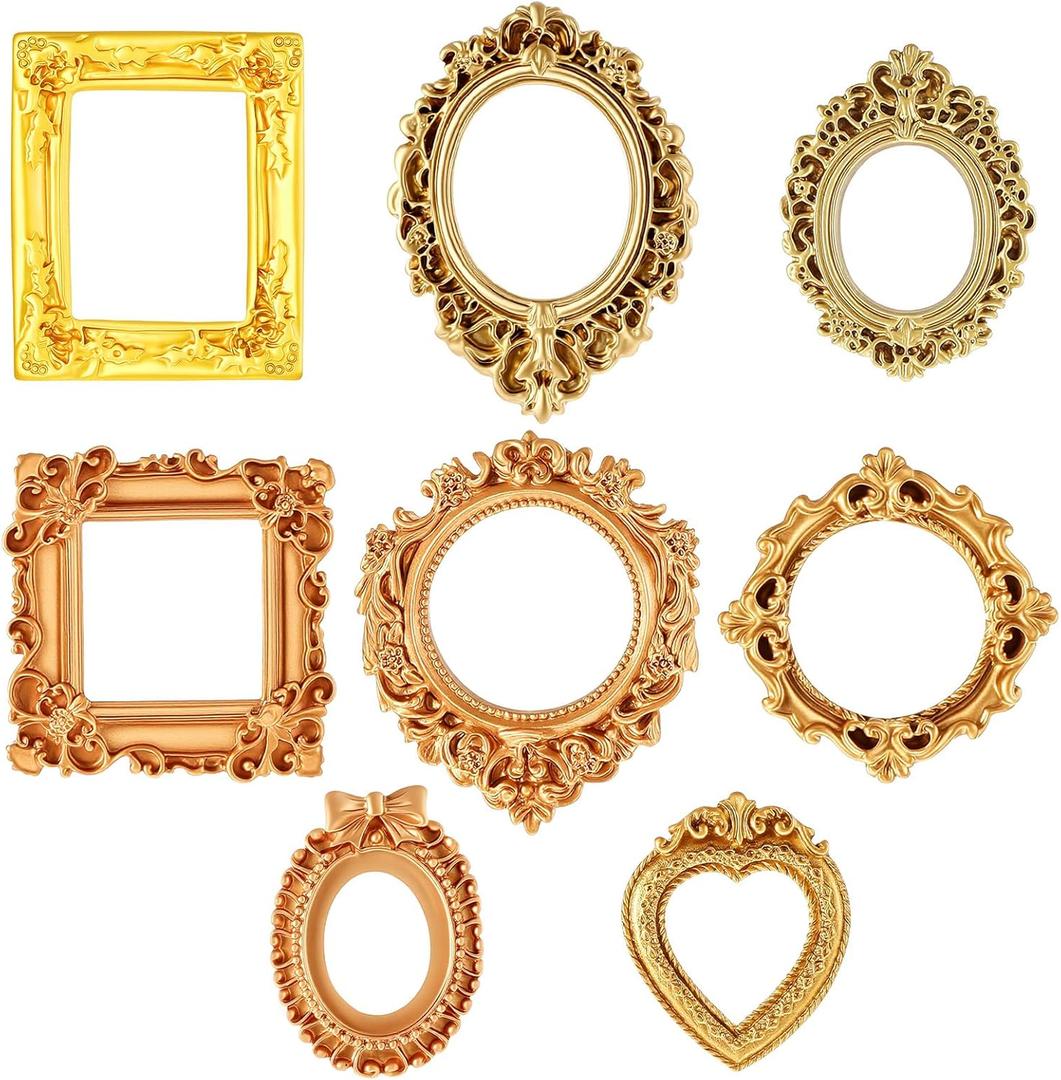 8 Pcs Mini Vintage Frames, Mini Gold Picture Frames Small Antique Photo Frame Ornaments for DIY Jewelry Display Christmas Wedding Holiday Party Home Hotel Decor