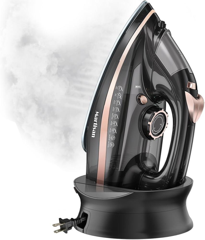 Martisan Cordless Iron for Clothes, 1600W, Wireless, Rapid Heating, Retractable Cord, Power Charging Base, Ceramic Soleplate, Auto-off, Anti-calc, Anti-drip, Self Clean (Black)