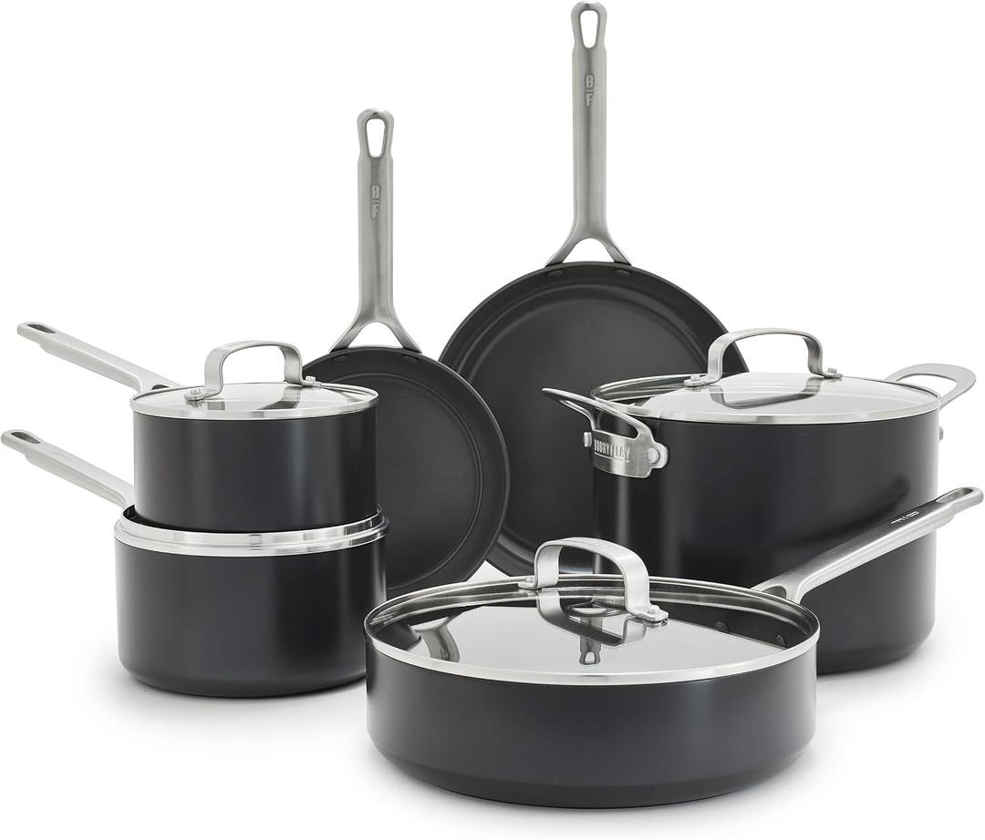 GreenPan x Bobby Flay Hard Anodized Nonstick 10 Piece Cookware Set, PFAS-Free Ceramic Pots & Pans, Induction Suitable, Frypans, Saucepans Saute, Stockpot, Glass Lids, Dishwasher & Oven Safe, Black