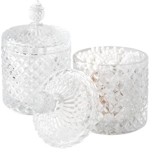 2 Pack Qtip Holder Thick Glass Apothecary Jars with Lid for Bathroom Decor Storage Organizer for Cotton Swabs, Balls, Pads, Floss Picks, Candy, Jewelry, Clear
