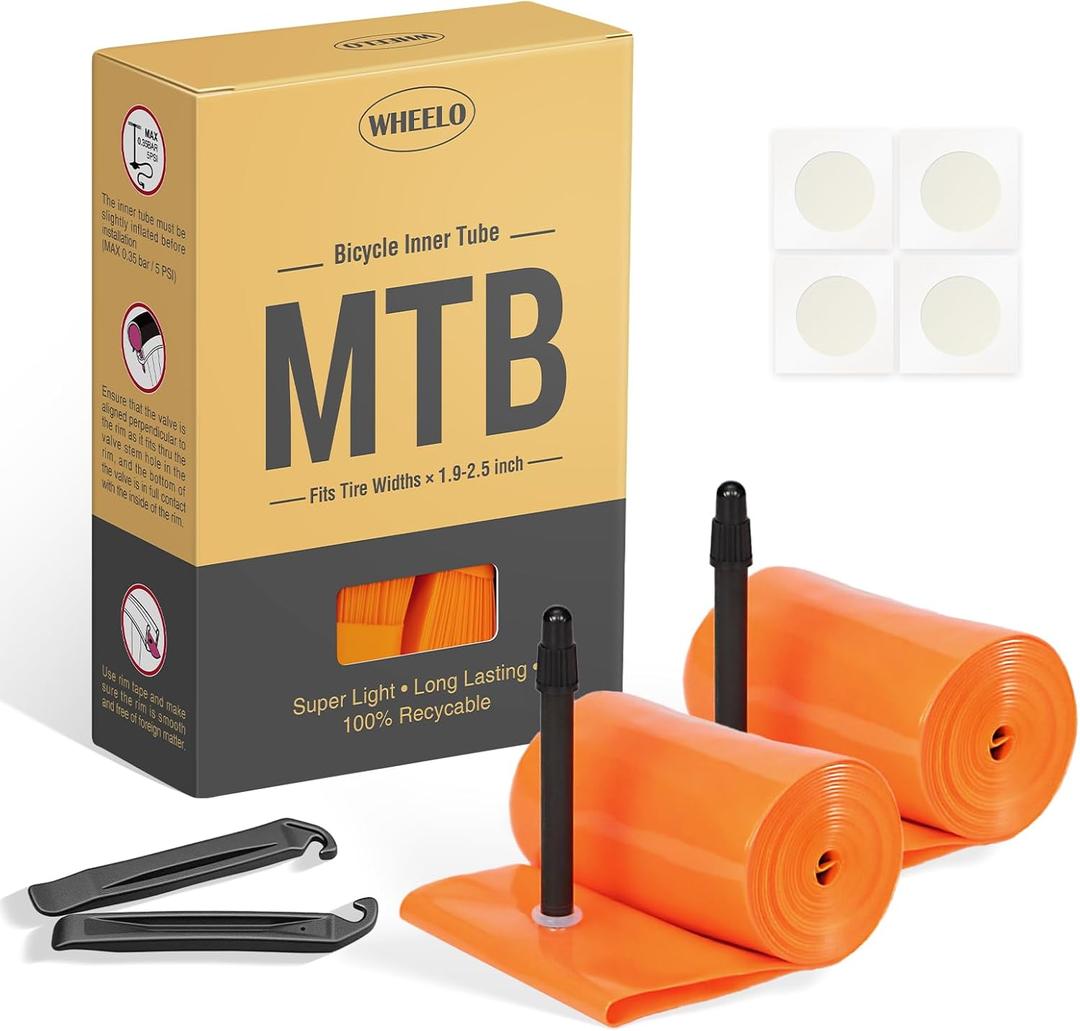 2-Pack WHEELO MTB 26/27.5/29x1.9/2.5 Bike Inner Tube, Ultralight Bike Tube with 48mm Presta Valves for Mountain Bike (Include Bike Tube Patch Repair Kit)