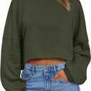 Trendy Queen Cropped Sweatshirts for Women Oversized Crewneck Sweaters Long Sleeve Tops Fall Winter Clothes 2026 (Large, Armygreen)