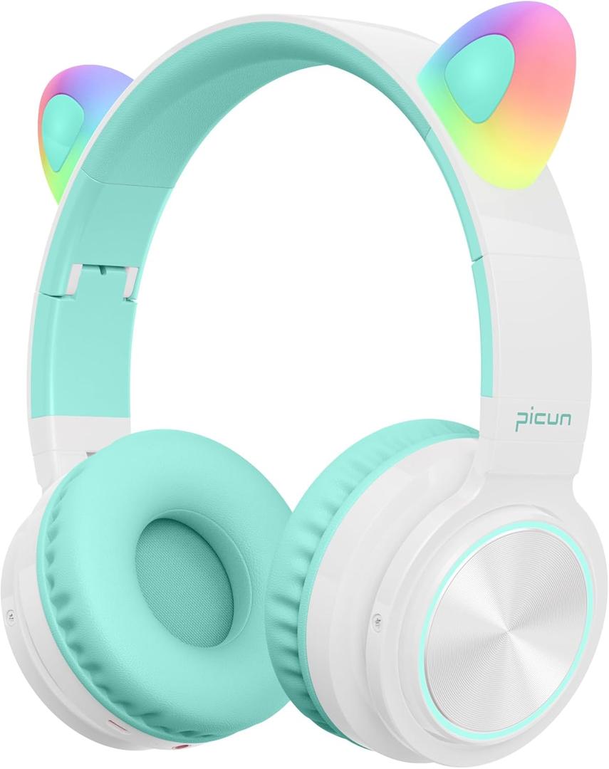 Picun Cat Ear Kids Bluetooth Headphones Dreamy LED Light Up, 40 Hours Over Ear Headphones for Kids with HD Mic, Foldable, Soft Memory Earpad for Travel/School/Laptop/PC/Tablet (Green)