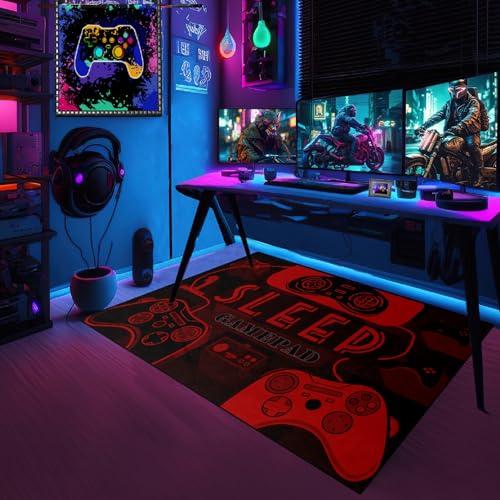 Gaming Rug for Gamer Floor Rugs for Boys Gaming Red Black Carpet Bedroom Floor Mats Doormats Video Game Mens Floor Mat for Teen Room Home Decor, 2'x3'