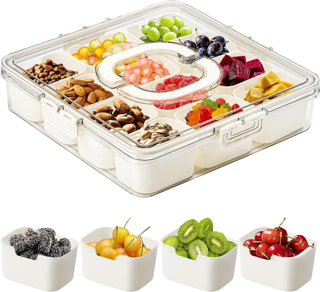 Big Snackle Box Container, Divided Snack Serving Tray with Lid and Handle 12 Compartment Portable Snack Box, Clear Storage Organizer for Fruit Candy Nuts-Perfect for Road Travel Party (1 Pack)