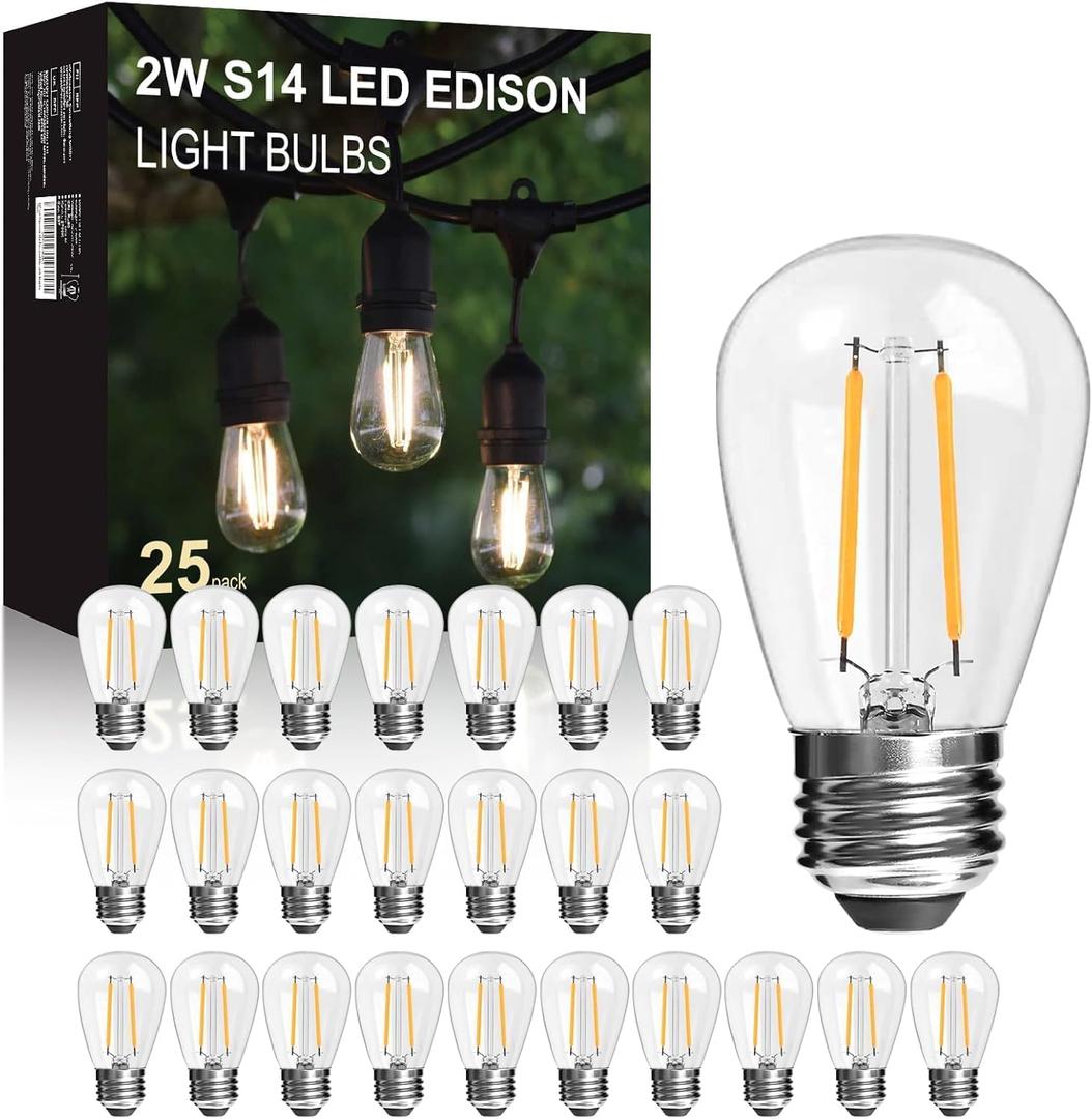 25Pack 2W S14 LED Glass Bulbs for Outdoor String Lights Replacement, E26 Medium Screw Base, 2700K Warm White LED Edison Light Bulb, 2 Watt to Replace 11w/20w/25w s14 Incandescent Bulbs