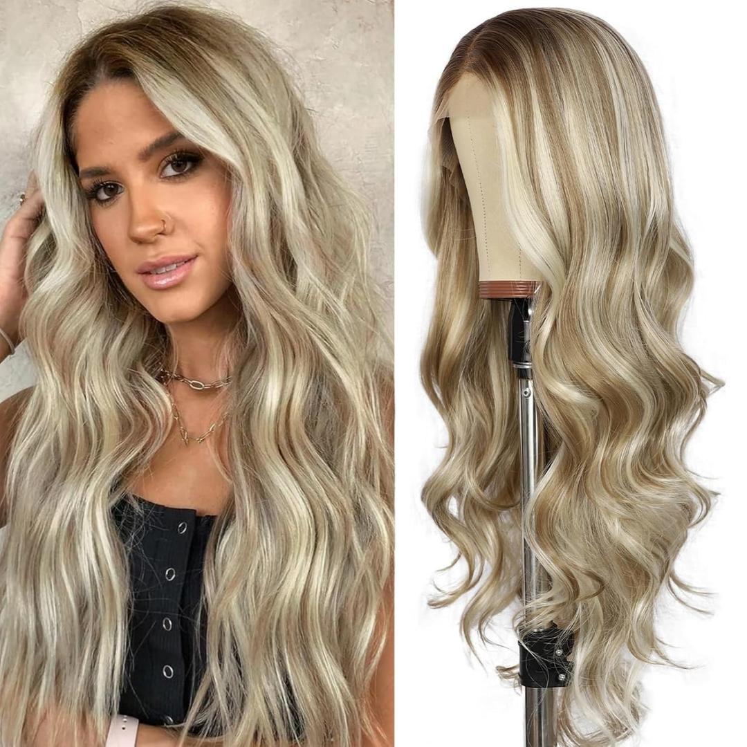 SAPPHIREWIGS Blonde Synthetic Lace Front Wig Ash Blonde Highlight 134 Loose Body Wave Wig Glueless Lace front Wigs for Women Pre Plucked Hairline Heat Resistant Wig for Daily Party Wigs 26inch