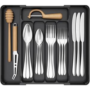 Lifewit Silverware Organizer for Drawer, Expandable Utensil Tray, BPA-Free Adjustable Cutlery Holder for Kitchen Storage, 8.1-13.9 x 11.3(M), Black