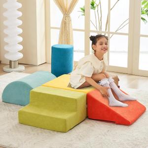jela Foam Blocks 6Pcs Soft Play Equipment Luxury Miss Fabric, Toddler Climbing Toys Indoor Soft Play Climbing for Toddlers, Lightweight Climbing Blocks for Babies, Kids, Climb and Crawl Foam Playset (Miss Fabric Multi-color)