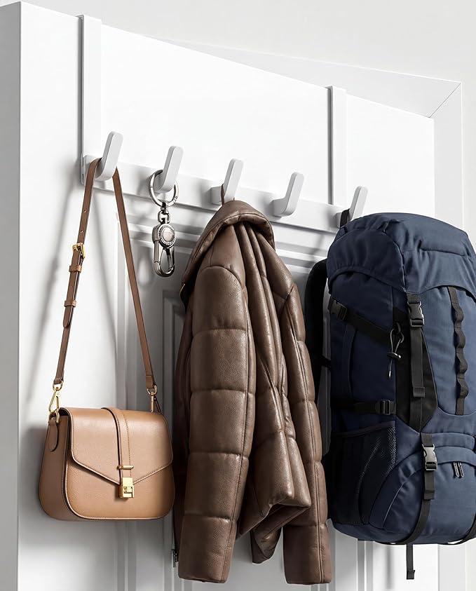 KitchLife Over The Door Hooks  Heavy Duty 5Hook Organizer, 80lb Total Capacity for Robes, Coats & Towels, Fits 1 3/4" Doors, L18U, GapFree & ScratchFree Design, White,2Pack