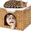 Rattan Cat House for Indoor Cats, Large Cat Bed Cave with One Bed Mat, Foldable Cat Condo Cube Hideaway for Multi Small Pet