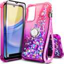 NZND Compatible with Samsung Galaxy A15-5G Phone Case, Pink/Purple | Glitter Floating Liquid Waterfall Cute Girl Women Kids Cover with Tempered Glass Screen Protector/Ring Holder/Wrist Strap