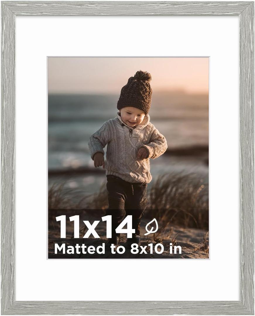 KINLINK 11x14 Picture Frame Light Grey, Wooden 14x11 Photo Frames with Plexiglass for 8x10 Picture with Mat or 11x14 Without Mat, 11 x 14 Frame for Art Collage Gallery Wall and Tabletop Display