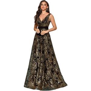 Sleeveless Glitter Sequined Womens Long Formal Gown Aline Prom Dress for Anchorwoman Floor Length Evening Dress (Large, Black Gold)