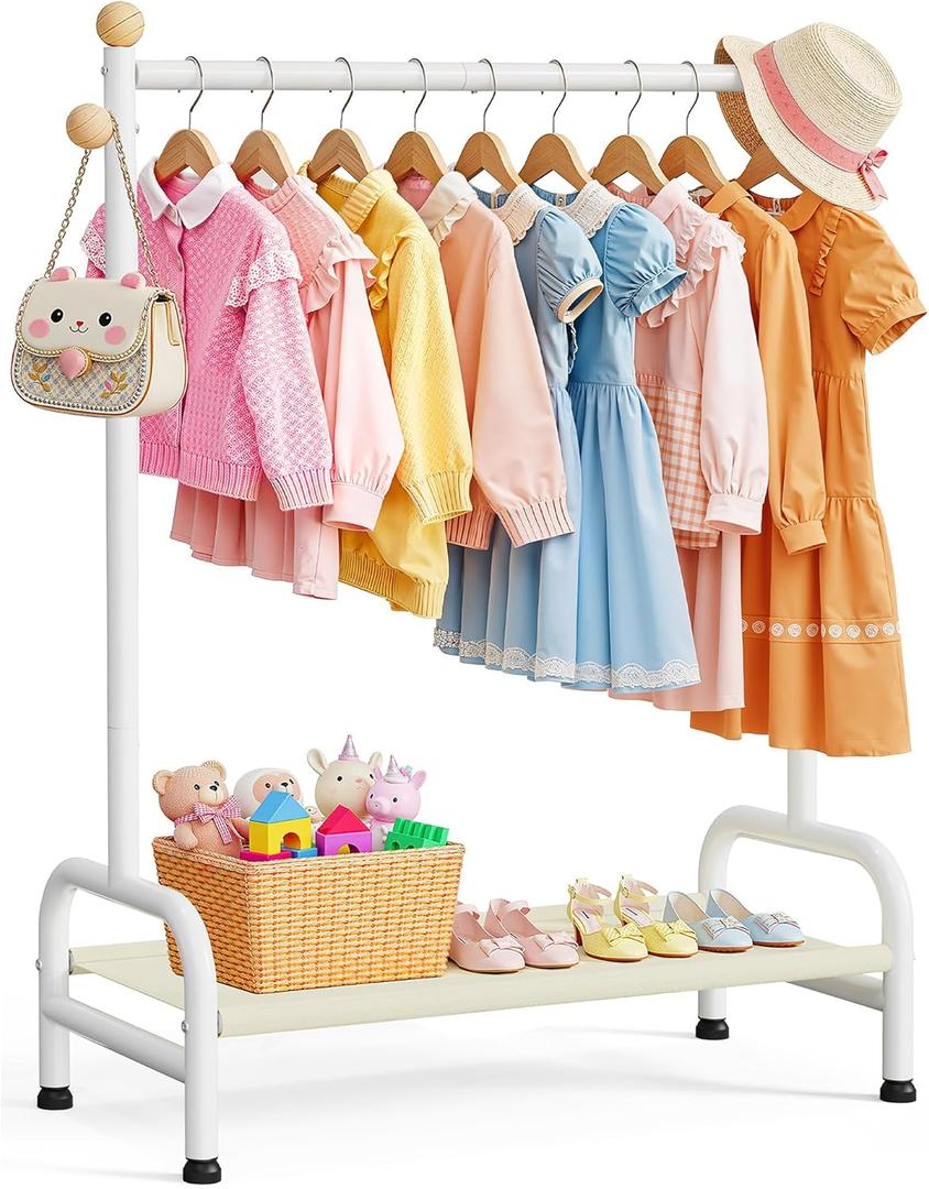 Clothes Rack - Sturdy Metal Kids Clothing Rack with Bottom Storage Shelf & Adjustable Feet, Dress Up Storage for Toddler's Bedrooms, Nurseries, Playrooms, 31" x 12.5" x 47.8", White